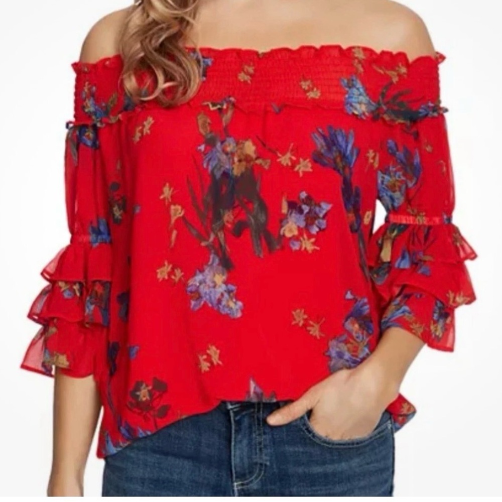 CeCe Red Floral Off-Shoulder Blouse